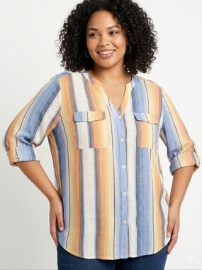 Alex & Parker Plus Sizel Stripe Button-Down Shirt in Blue and Tan